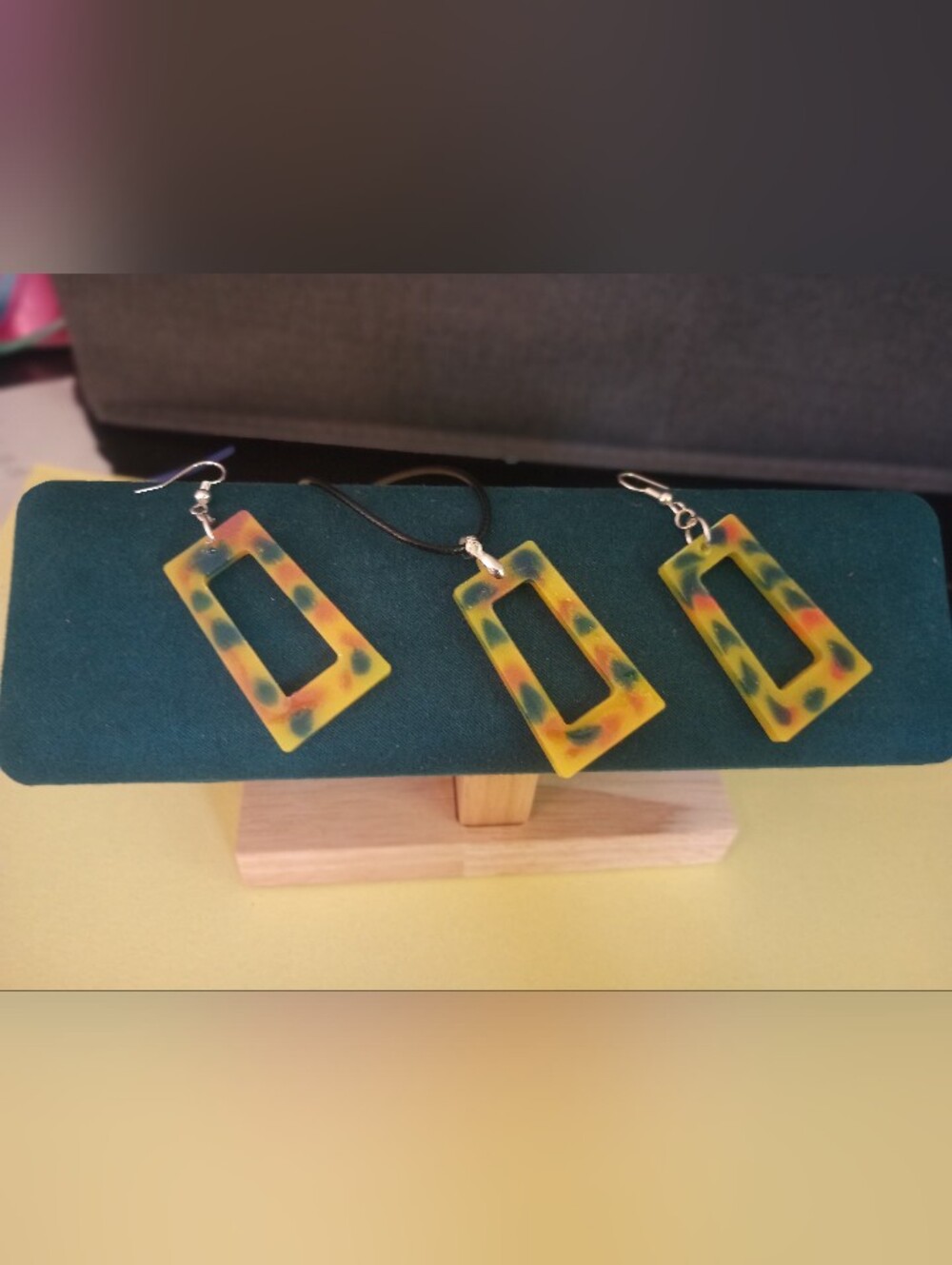Yellow Multicolor Rectangular Resin Jewelry Set - Necklace and Earrings